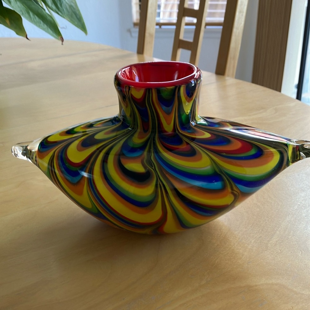 Art Glass Multicolor Swirl Vase with Red Interior #144
